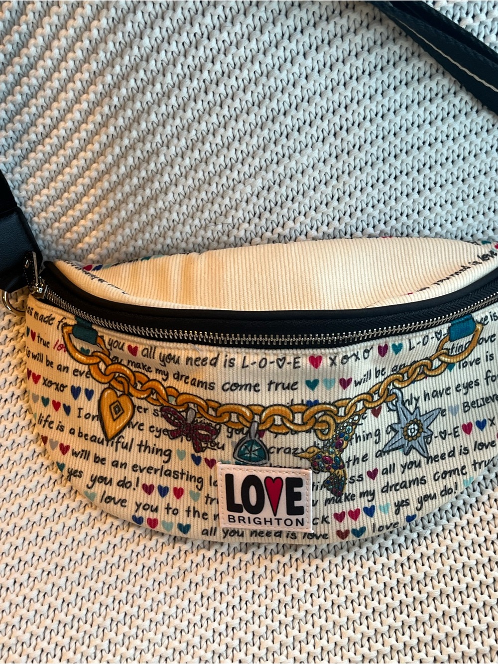 Brighton Cream LOVE Printed Crossbody Bag with Multicolor Hearts